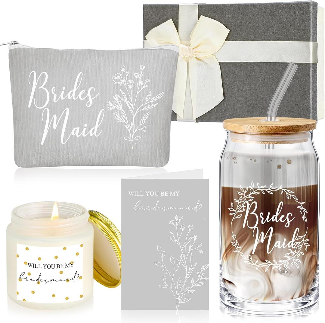 Inbagi Bridesmaid Gifts Box Set of 5 Includes Glass Cup with Lid and Straw Makeup Bag Sage Scented Candle Wedding Invitation Cards Proposal Gifts for Bridal Party Favors (Gray)