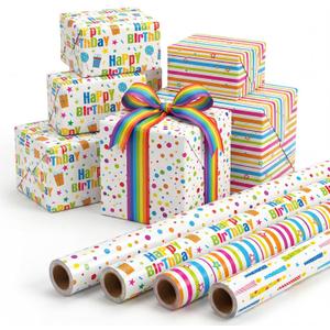 woric Birthday Wrapping Paper Rolls Colorful Gift Wrapping Paper with Happy Birthday Lettering Candles Polka Dots Stripes Design for Boys Party Baby Shower - 4 Rolls - 17 in x 120 in(10ft) Per Roll