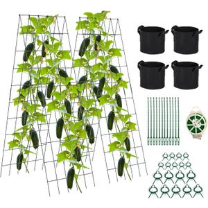 Foldable Cucumber Trellis 64" H x 20" W - 2 Pack, A-Frame Cucumber Trellis for Raised Bed, Steel Vegetable Trellis with Twist Ties & Plant Bags for Climbing Plants Outdoor