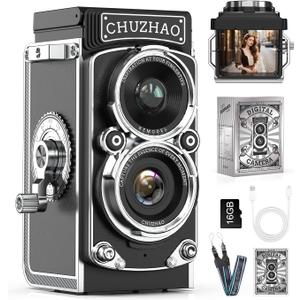 CHUZHAO Retro TLR Style Digital Camera, Vintage Mini Point and Shoot with 1080P FHD Video, 12MP Autofocus, Pocket Travel Camera with 16GB Card, Gift for Kids Teens Adults (Black)