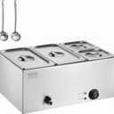 VEVOR 4-Pan Commercial Food Warmer, 24QT Electric Steam Table, 1200W Professional Countertop Stainless Steel Buffet Bain Marie with 86-185F Temp Control for Catering and Restaurants, Silver