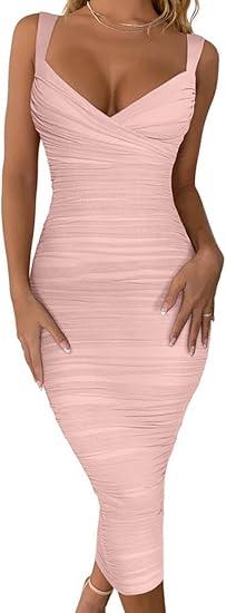 BEAGIMEG Women's Sexy Bodycon Sleeveless Ruched Mesh Club Party Midi Dress, Size M