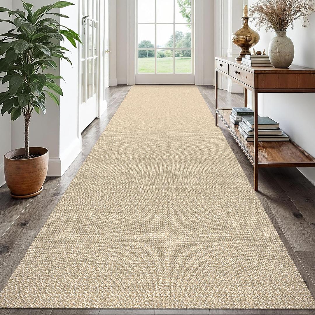 EARTHALL Extra Long Runner Rug 3x16 Ft Washable Runners for Hallways Cotton Non Slip Entryway Runner Braided Kitchen Runner Indoor Outdoor Carpet Runners for Hotels, Hall, Stair, Golden Beige/White