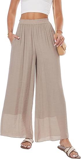 heipeiwa Women's Summer Linen Pants Double Layers Casual Wide Leg Palazzo Pants Beach Dress Loose Linen Culottes, Size: M