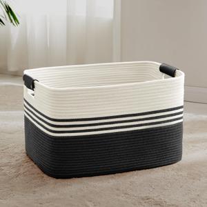 72L Large Laundry Basket with Leather Handles for Living Room Storage, Woven Rope Baskets Bin for Blanket, Kids Toy, Gifts, Wicker Hamper for Bedroom Dirty Clothes, 22"x17"x12" White Black