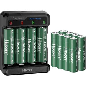 Hixon 1.5V Lithium Batteries AA Rechargeable,12-Pack 3000mWh High-Capacity Long-Lasting Double AA Li-ion Battery with Fast Charger,1600Cycle, Fits for Household & Office Device.