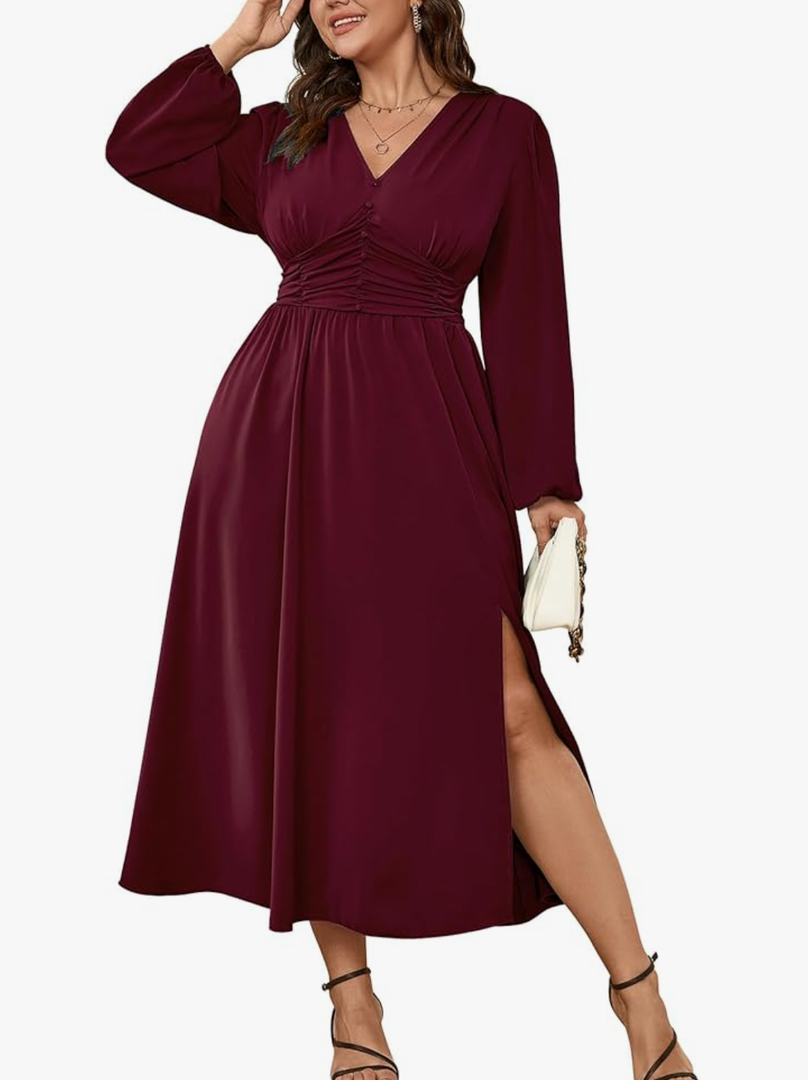 Womens Plus Size Wedding Guest Cocktail Maxi Dress Long Sleeve Elastic Waist V-Neck A-Line Side Slit Flowy Dresses, 2XL