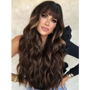 AISI QUEENS Brown Wig with Bangs for Women Long Wavy Hair Wig Brown Highlight Wig Curly Wavy Synthetic Wigs for Girls Daily Party Use (Brown Mixed Blonde)