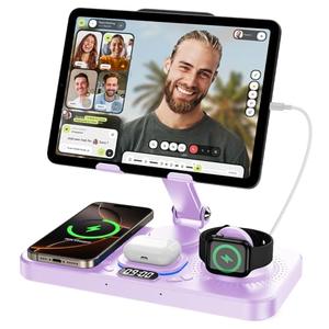 6 in 1 Wireless Charger for Apple Device, 30W Foldable Wired Charging for ipad with Clock & 7 Color Ambient Light, Nightstand Charger Station for iPhone 17/16/15/iWatch Series/AirPods 4/Pro 3(Purple)
