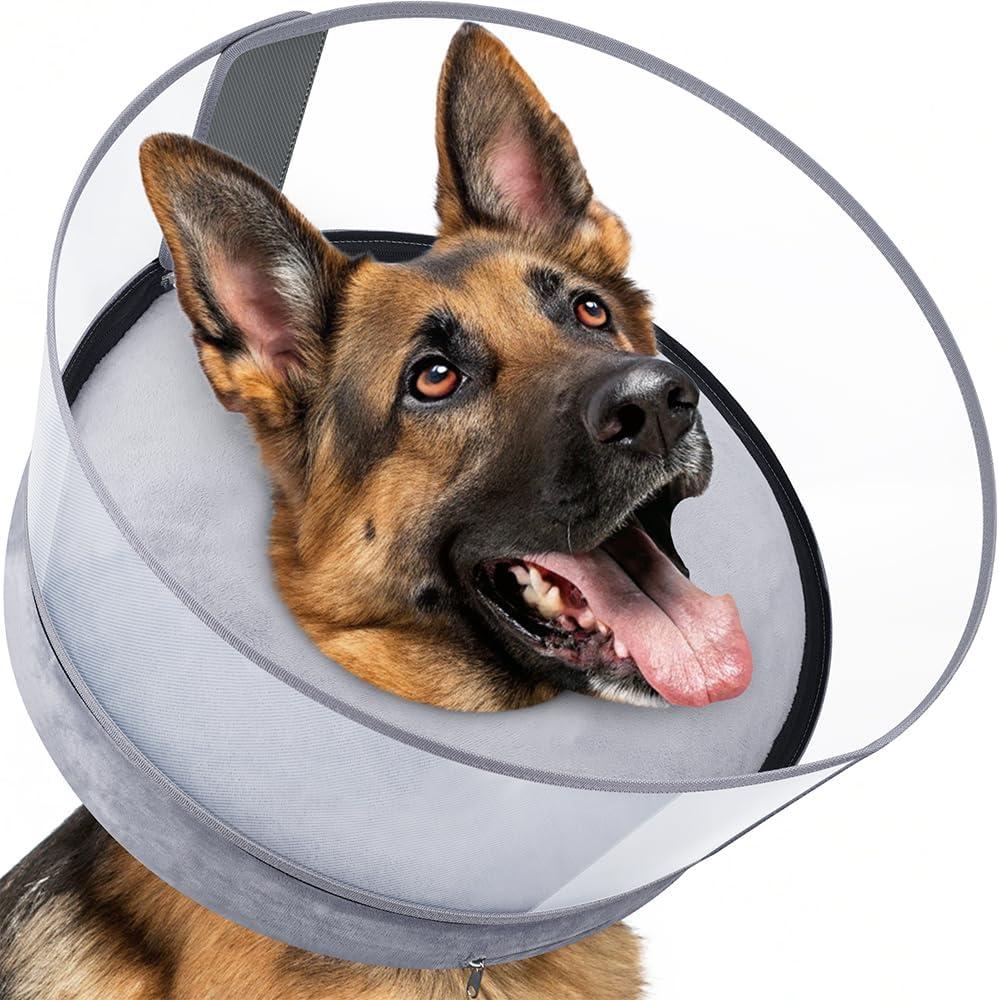 BARKLESS Dog Donut Collar, 2-in-I Inflatable Dog Collars for After Surgery to Stop Licking Wounds, Patented Protective Donut Cone with High Shield for Large Pets (Grey, XL)