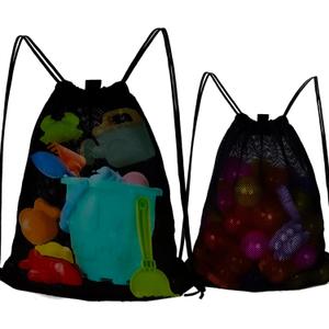 MUYIZI Mesh Beach Bag for Kids and Adults 2 Pack, Mesh Drawstring Backpack - Quick Dry Sand Free Beach Toy Bags Portable Sand Toy Bag Swimming Pool Accessories, Bags Only (Black)