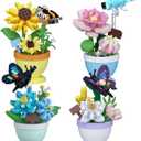 Set of 4 Mini Flower Bonsai with Cute Insects - DIY Potted Plant Building Blocks for Kids and Adults, Botanical Collection Decor Toy