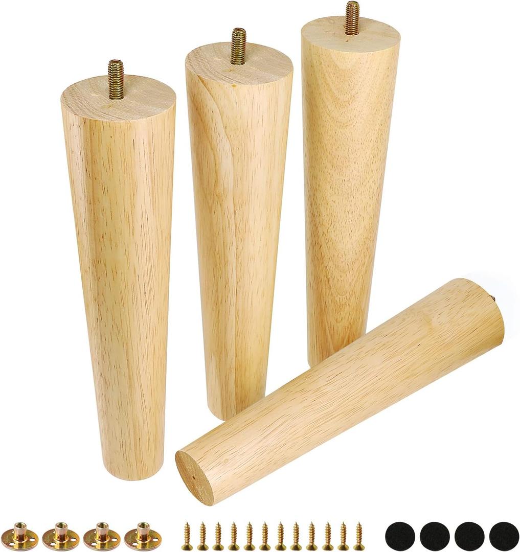 FoDau770 Rubber Wood Furniture Legs 10 Inches, Straight Tapered Wood Feet Mid Century Sofa Legs Set of 4, 5/16" UNC Furniture Feet Replacement Parts for Cabinet Couch Dresser Chair Ottoman Table (Varnish)
