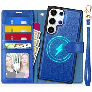 TUCCH Case Wallet for Galaxy S25 Ultra, Removable [2 in 1] [Wireless Charging] Wrist Strap PU Leather Magnetic Stand RFID Blocking [4 Card Slots] Detachable Folio for Galaxy S25 Ultra 6.9", Klein Blue (for Galaxy S25 Ultra, Textured Klein Blue)