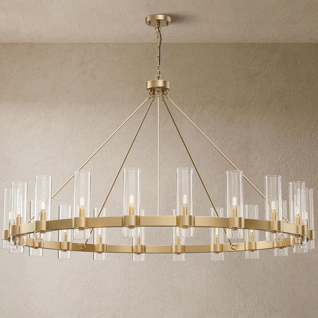 20-Lights Gold Chandelier,Wagon Wheel Chandelier with Glass Shade, 60 Inch Large Round Industrial High Ceilings Pendant Lighting Fixture for Dining Room, Living Room, Kitchen Island, Foyer (60in-1-Tier)