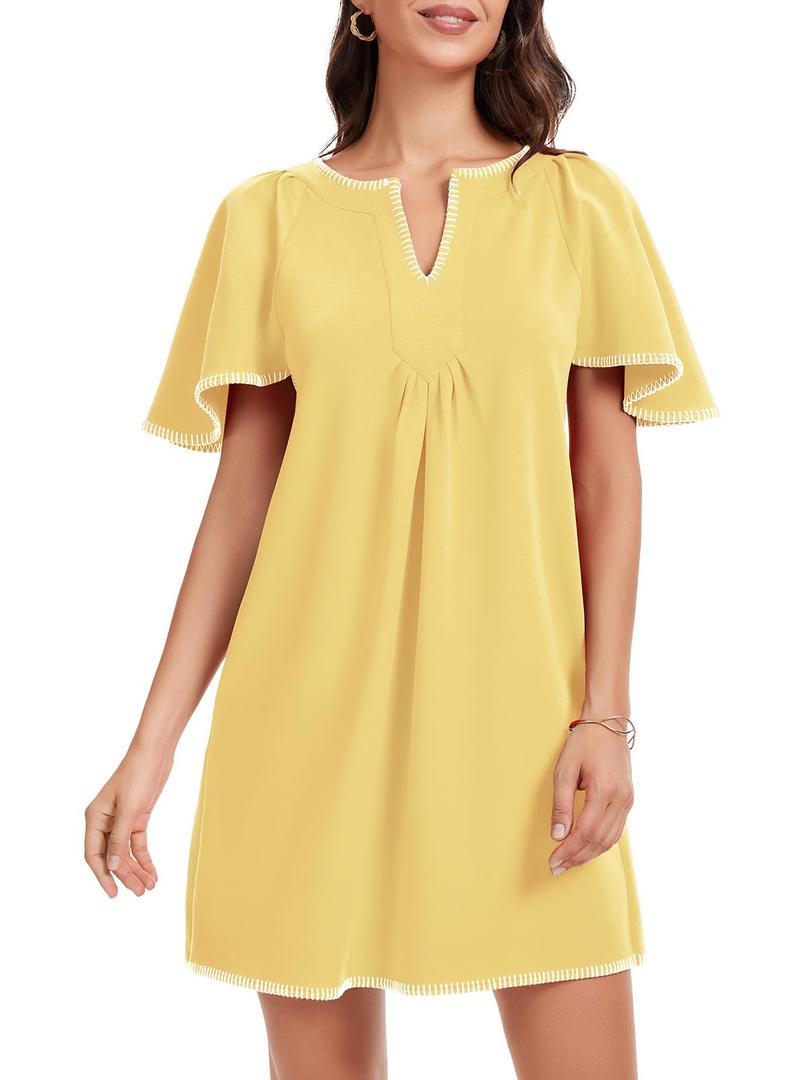 HOULENGS Women's Summer Flutter Short Sleeve A Line Mini Dress Casual Contrast Trim V Neck Short Dress with Pockets Yellow X-Large