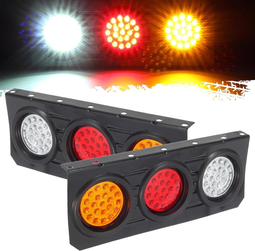 Partsam 63 LED Truck Trailer Tail Lights Bar Kit, Stop Turn Signal Brake Reverse Taillight with Iron Bracket Base Waterproof 12V-30V 4 Inch Round Led Trailer Tail Lights RV Camper Flatbed Trucks(2pcs)