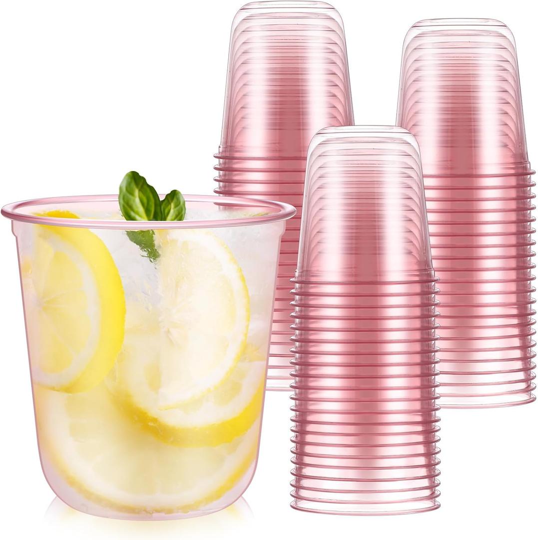 50 Pcs Disposable Stemless Glasses 12oz Crystal Plastic Wine Glasses Clear Classic Pet Cup for Meeting Weddings Birthdays Cocktail Christmas Party Supplies (Pink)
