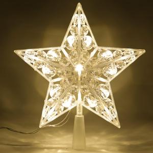 Christmas Tree Topper Star with Timer, 8.3" Crystal Star Tree Topper Lighted with Led Warm Lights, Battery Operated Outdoor Tree Toppers for Xmas Decoration, Christmas Tree Star Topper