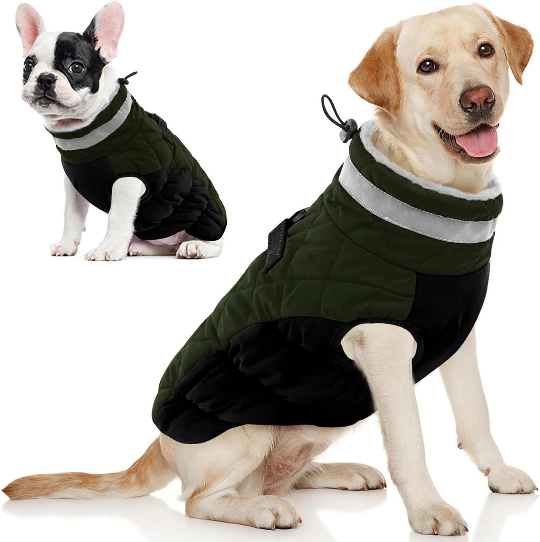 AOFITEE Dog Coat, Warm Dog Winter Coat, Reflective Cold Weather Dogs Puffer Jacket with Harness Built in, Waterproof Pet Fleece Vest Snowsuit for Dogs, Green, Large
