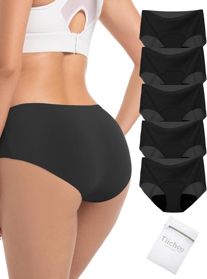 TIICHOO Seamless Period Underwear for Women & Teens Leak Proof Menstrual Panties,5-Pack with Laundry Bag