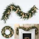 6ft Christmas Norfolk Pine Garland with Light Realistic Prelit Christmas Garland with Bow Berry Stem Ball Greenery Garlands for Mantle Fireplace Table Home Decor(Gold)
