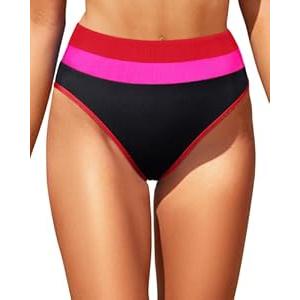 Tempt Me Women Black and Pink Colorblock Bikini Bottom Full Coverage Bathing Suit Bottoms High Waisted Swimsuit Bottom L