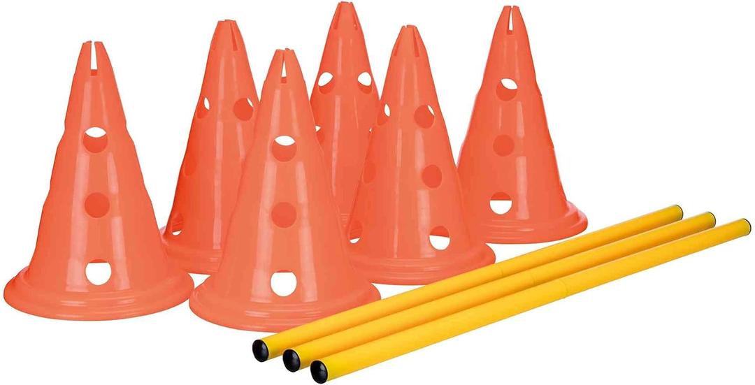 Trixie Dog Agility Hurdle Cone Set Dog Agility Set with Height Adjustable Crossbar for Beginners & Advanced, Dog Agility Equipment for Dog Obstacle Courses 6 x Cones, 3 x Agility Rods