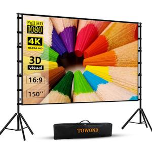 TOWOND Projector Screen and Stand, 150 inch Indoor Outdoor Projection Screen, Portable 16:9 4K HD Rear Front Movie Screen with Carry Bag Wrinkle-Free Design for Home Theater Backyard Cinema