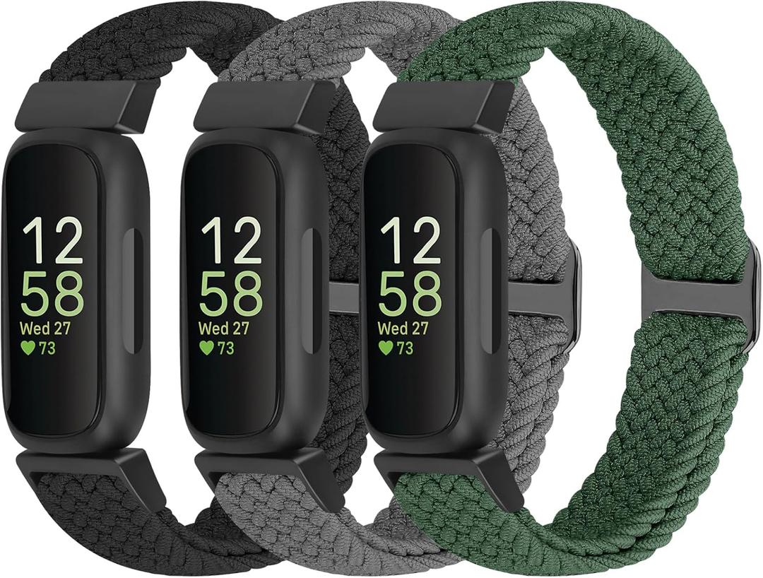 Braided Watch Bands Compatible with Fitbit Inspire 3/Inspire 2/Inspire/Inspire HR/Fitbit ace 3/Ace 2, Soft Adjustable Nylon Loop Elastic Strap Sport Replacement Wristbands for Women Men (Black+Space Gray+Dark Olive)