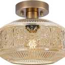 Semi Flush Mount Ceiling Light, Vintage Small Ceiling Light Fixture, Thickened Glass Hallway Lighting Fixture, Brass Kitchen Ceiling Mount Lighting with Amber Glass for Bedroom, Bathroom, Porch (9.45in)