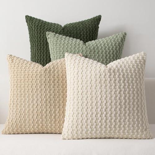 Kevin Textile Spring Throw Pillow Covers Pack of 4 Spring Super Soft Boho Corduroy Decorative Pillow Covers Cases Solid Color Plush Texture Throw Pillows for Sofa Couch Chair 18x18 Inch, Green
