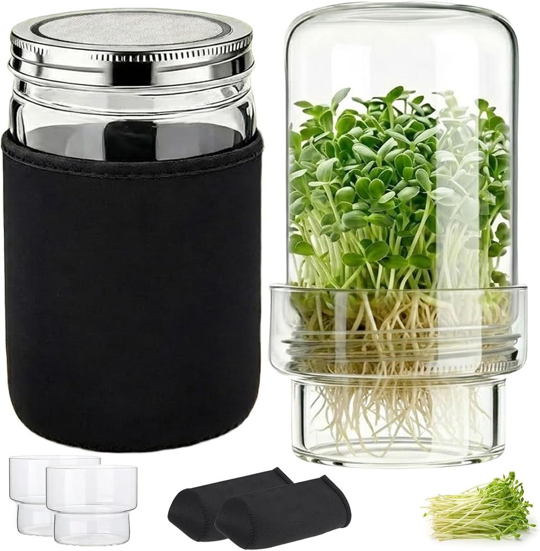 Seed Sprouting Kit 2 Wide Mouth Mason Jars with Stainless Steel Screen Lids & Drip Covers Complete Sprouter Growing Kit for Broccoli, Alfalfa, Mung Beans Home Gardening Gift for Adults & Kids