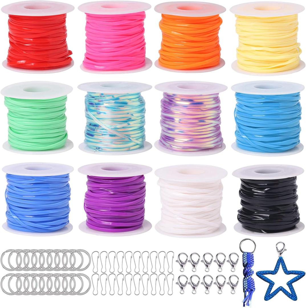 Candygirl Lanyard String, 12 Rolls Gimp String Plastic Lacing Cord Elastic String for Bracelet Keychains Boondoggle Making Kit DIY Craft Weaving Kit for Adult Kids Girls787 Feet