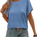Womens Summer Tops Crochet Cap Short Sleeve Shirts Casual Loose Texture Round Neck Knit Tshirts Blouse (Blue, XXL)