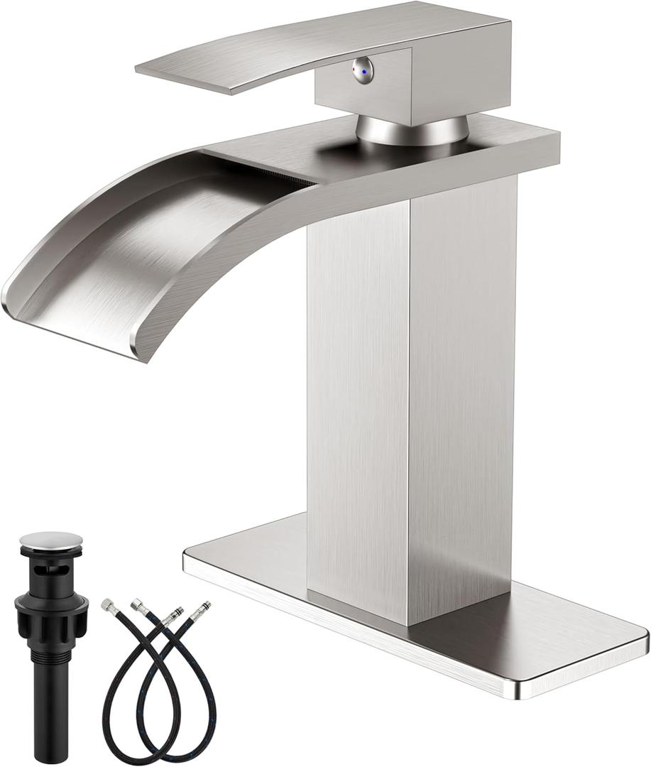 Waterfall Bathroom Faucets Single Hole Sink Faucet for 1 or 3 Hole Single Handle Vanity Basin with Deck Plate, with Pop-up Drain & Supply Lines, Brushed Nickel