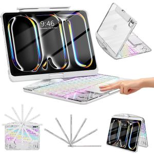 TSQQST Clear Wireless Keyboard Case for iPad Pro 11 Inch (M5/M4) 2025/2024 with Pencil Holder & Multi-Touch Trackpad, Visible PCB, 3-Brightness & 7-Color Backlight, 360 Rotating Stand, White