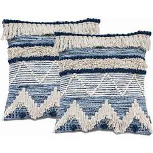 Chardin home Montego Farmhouse Decorative Throw Pillow Covers (Set of 2). Boho Soft Warm Cotton Woven Square Pillow Cover 18x18 for Couch Sofa Bedroom, Blue/Off-White