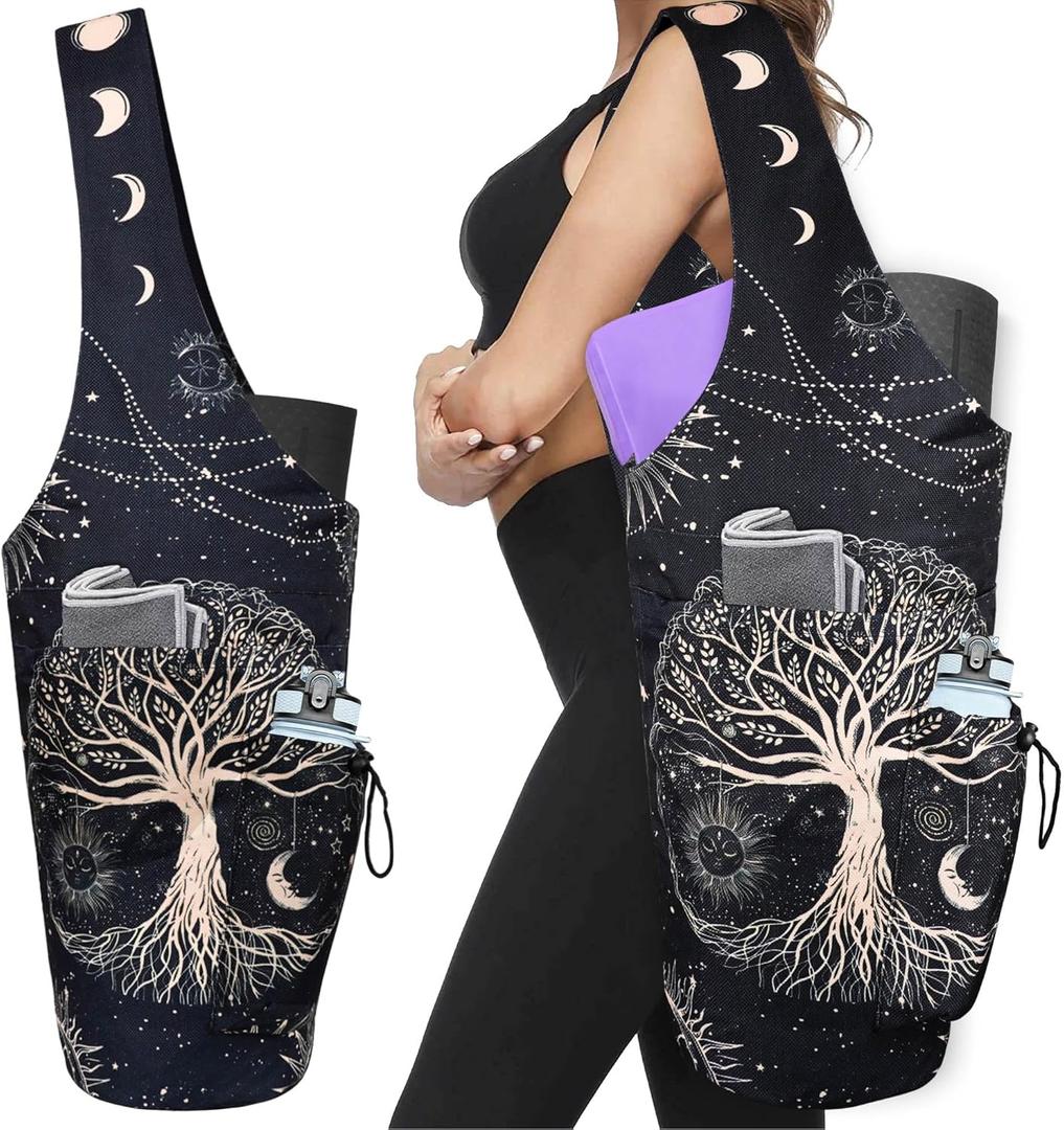 Yoga Mat Bag - Large Opening Long Tote Yoga Mat Carrier Holder Bag with Waterproof Wet Zipper Pocket and Drawstring Water Bottle Pocket - Yoga Bag Fit Most Size Mats (37"x15.5", Tree of Life)