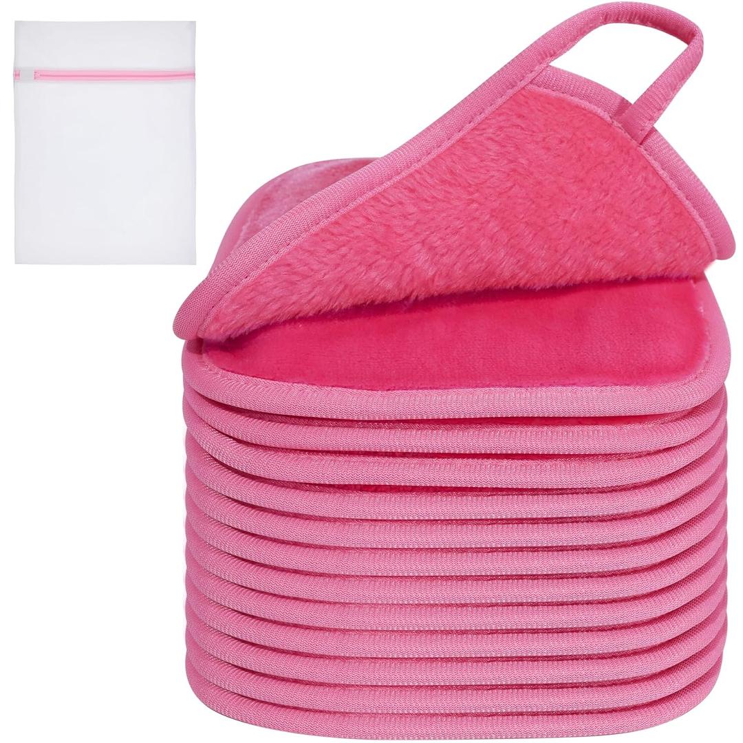 KODAMO Makeup Remover Cloth, Reusable Makeup Remover Pads Washable Travel Bag, Microfiber Makeup Removal Face Wash Cloths with Just Water, Gentle Soft,12 Pack, Pink