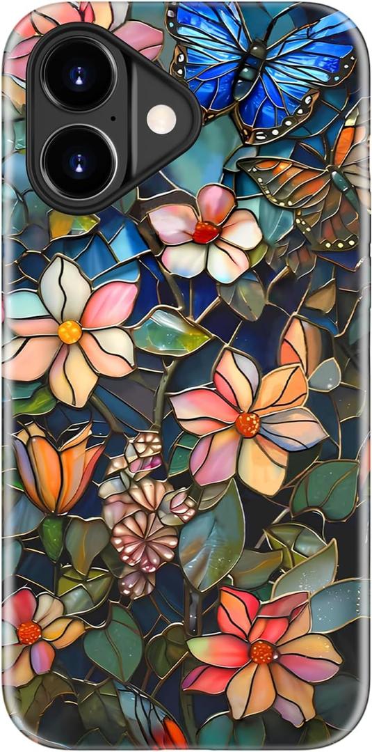 for iPhone 17 Case Cute - Wireless Charging Compatible - Dual-Layer Hard Shell + Silicone Cover - Aesthetic Protective Trendy Phone Case for Women - Butterfly in Flowers