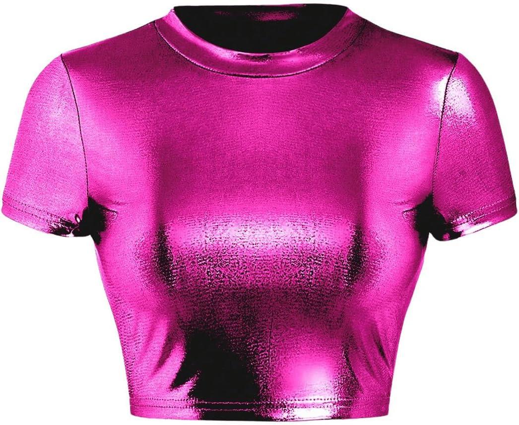 SOLY HUX Women's Y2k Metallic Tee Mock Neck Short Sleeve Crop Tops T Shirt Solid HotPink Small