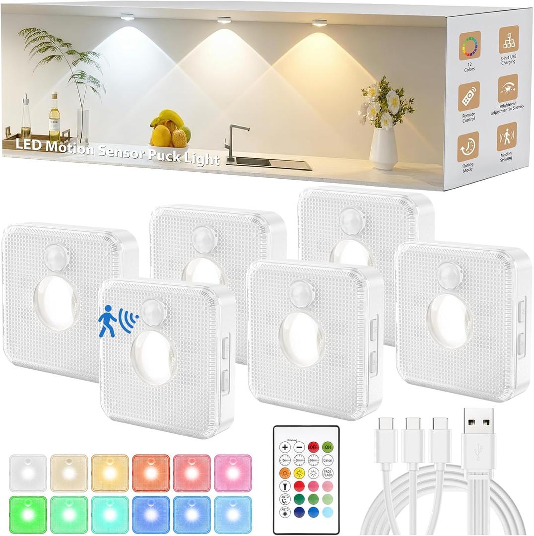 GBEAST 6 Pack Under Cabinet Lighting, Puck Lights with Remote,Motion Sensor Light Indoor,3 Color Temps & 9 RGB Colors Dimmable Closet Light,Rechargeable Under Counter Lights for Kitchen,Bedroom,Shelf