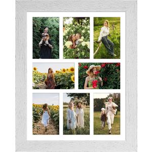 13x17 Picture Frame Display 8 opening 4X6 Picture Frame Collage, Multi Photo Frame with Mat, Plexiglass, Wall or Tabletop Decor, Distressed White Wood Grain