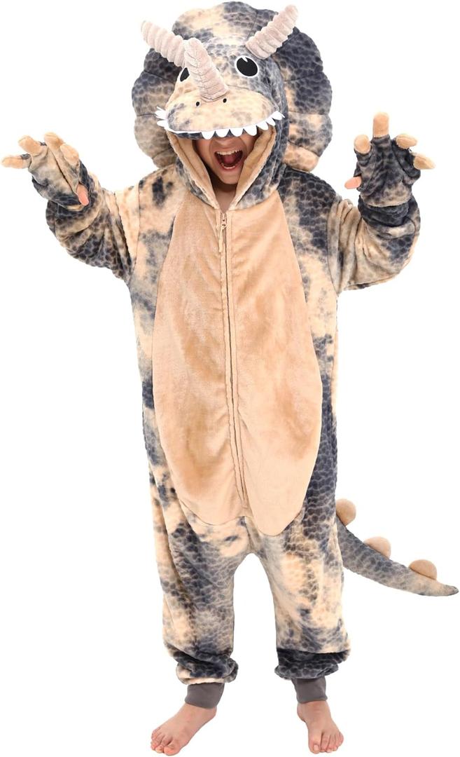 Kids & Teens Tie-dye Triceratops Onesie Costume Dino Halloween Costume, Small (4'9"-5'1"), Grey