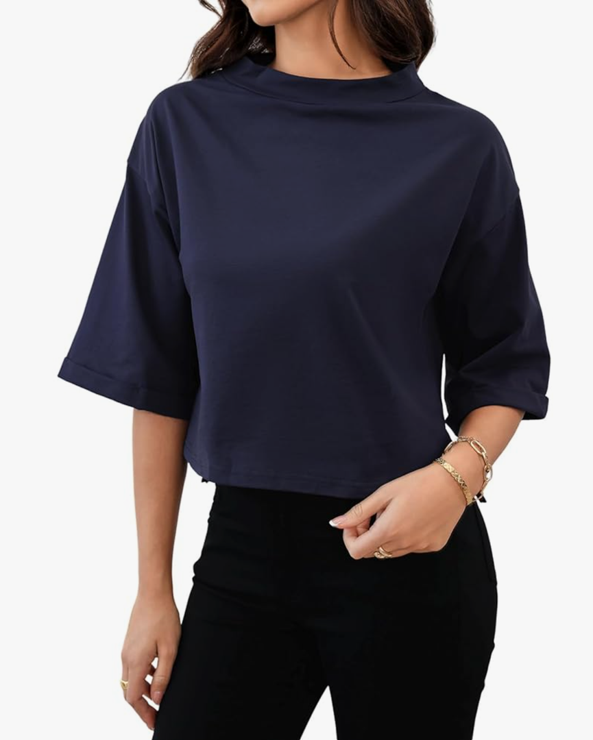 SweatyRocks Women's 3/4 Sleeve Mock Neck Basic Loose T-Shirt Elegant, Size Medium