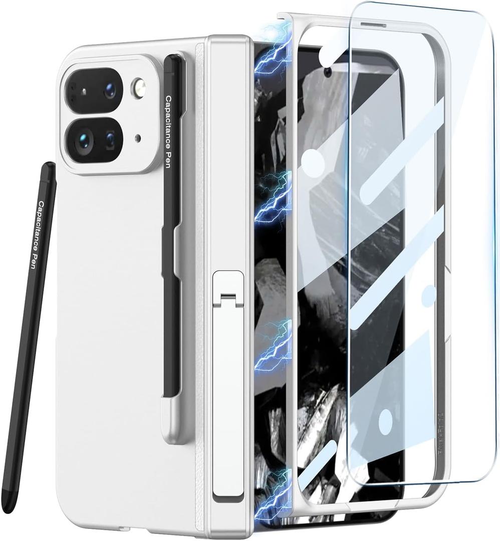 for Google Pixel 9 Pro Fold Case with S Pen Holder & Stylus Pen,Hard PC Shockproof Cover with Magnetic Hinge Protection and Kickstand & Built-in Screen Protector for Pixel Fold 2 2024(Silver)