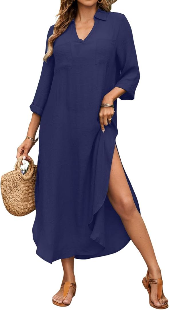 Bsubseach Womens Bathing Suit Cover Up V Neck Long Swimsuit Cover Up Beach Shirt Dress Swimwear with Pockets (Blue, M)