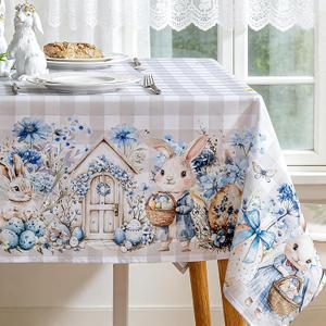 Joyfol Day Buffalo Plaid Easter Tablecloth, Bunny Waterproof Rectangle Table Cloth, Blue Flowers Washable Table Cover for Spring Dining Party Decor (84 X 60 Inch), Grey Checkered