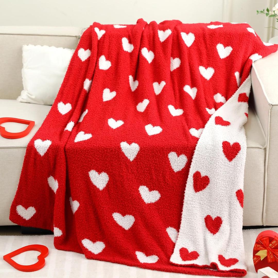 Valentine's Day Knitted Throw Blanket 50 x 60 Inch Double Sided Reversible Red Heart Blanket Red and White Love Decor Fluffy Microfiber for Wedding Anniversary Party Gift Bed Sofa Chair